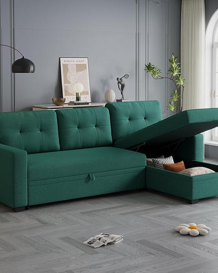 82'' L Shaped Pull Out Couch with Storage Chaise,Convertible Sectional Sleeper Sofa Bed W/ 3 Removable Back Cushions for Living Room,Office,Apartment,Green, 82" - LeafyLoom