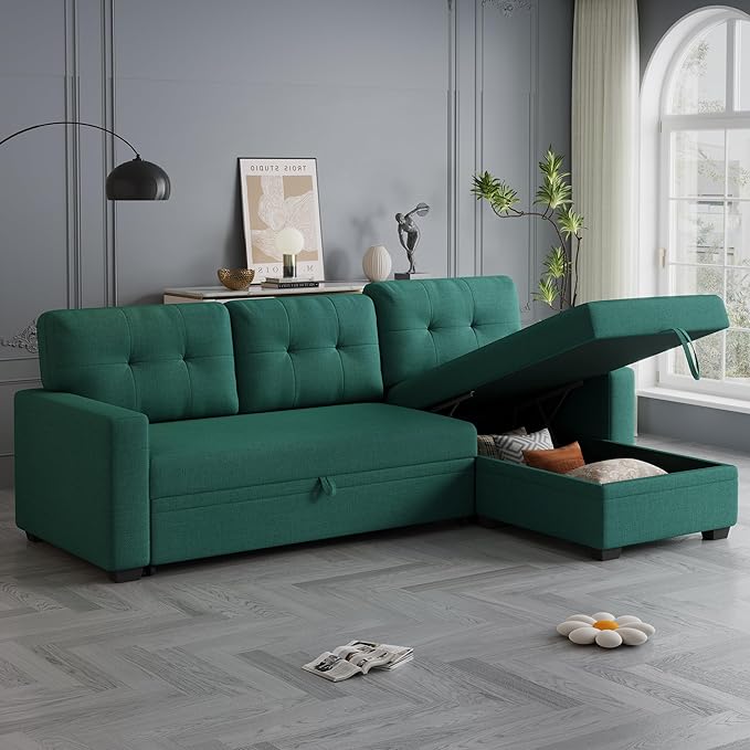 82'' L Shaped Pull Out Couch with Storage Chaise,Convertible Sectional Sleeper Sofa Bed W/ 3 Removable Back Cushions for Living Room,Office,Apartment,Green, 82" - LeafyLoom