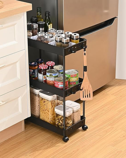 TOOLF Rolling Storage Cart, 3 Tier Utility Cart on Wheels, Bathroom Rolling Cart Organizer with Divider & Hooks, Mobile Shelving Unit Storage Cart for Laundry Kitchen Dorm, Matte Black - LeafyLoom