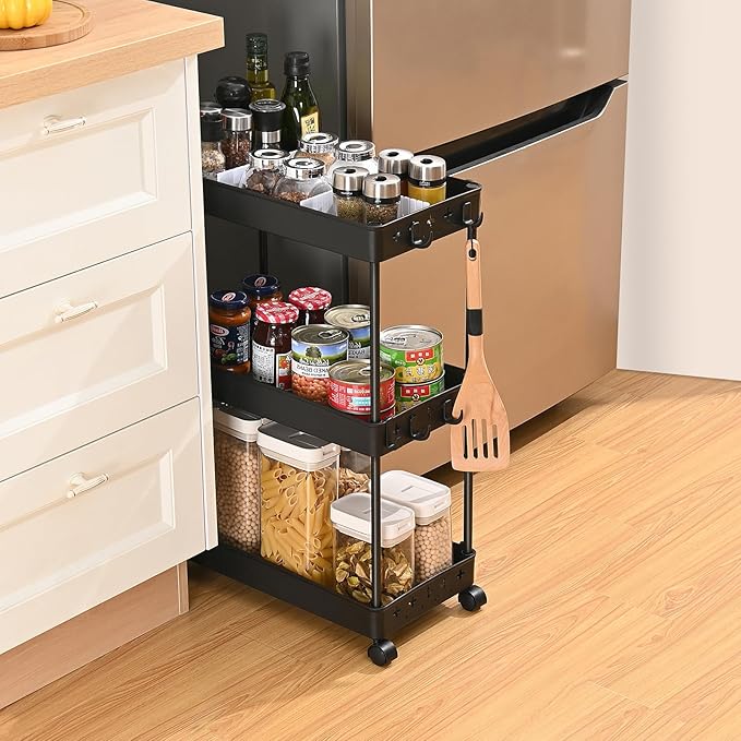 TOOLF Rolling Storage Cart, 3 Tier Utility Cart on Wheels, Bathroom Rolling Cart Organizer with Divider & Hooks, Mobile Shelving Unit Storage Cart for Laundry Kitchen Dorm, Matte Black - LeafyLoom
