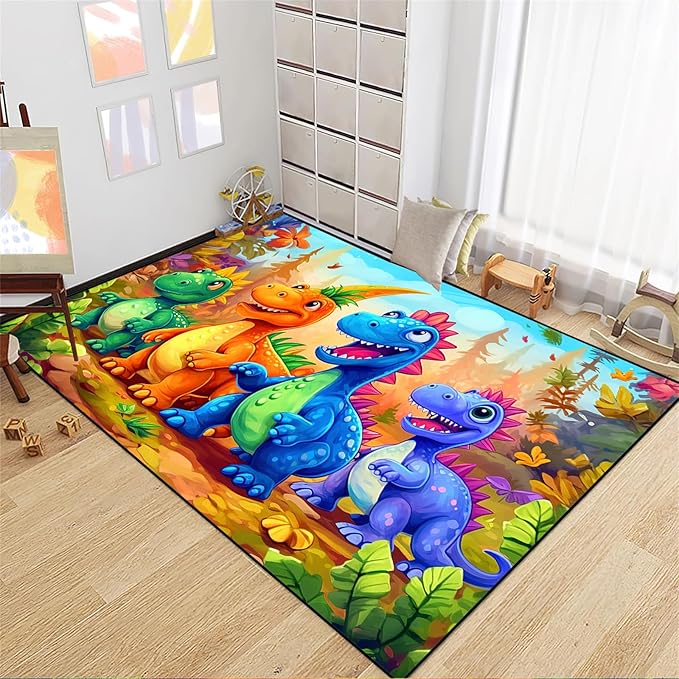 Dinosaur Rug for Boys Room - Colorful Cute Dino Rug for Room Kids Carpet for Bedroom Boys Bedroom Rug Cartoon Dinosaur Rug Cute Dinosaur Rugs for Boys Bedroom,5'×7' - LeafyLoom