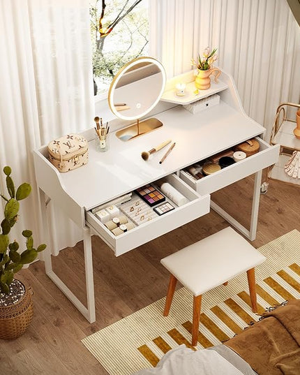 CubiCubi Vanity Desk with 2 Drawers, 40 Inch Computer Home Office Desk, Modern Makeup Dressing Desk, Study Work Table, White - LeafyLoom