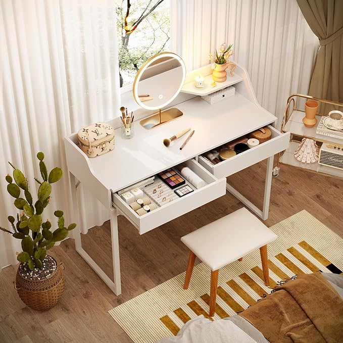 CubiCubi Vanity Desk with 2 Drawers, 40 Inch Computer Home Office Desk, Modern Makeup Dressing Desk, Study Work Table, White - LeafyLoom