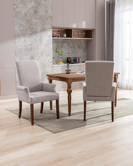 Dining Room Chairs with Arms，Tufted Upholstered High Back Nailed Trim with Untique Oak Wood Legs for Kitchen Restaurant Room Bedroom (Light Gray, SingleA) - LeafyLoom