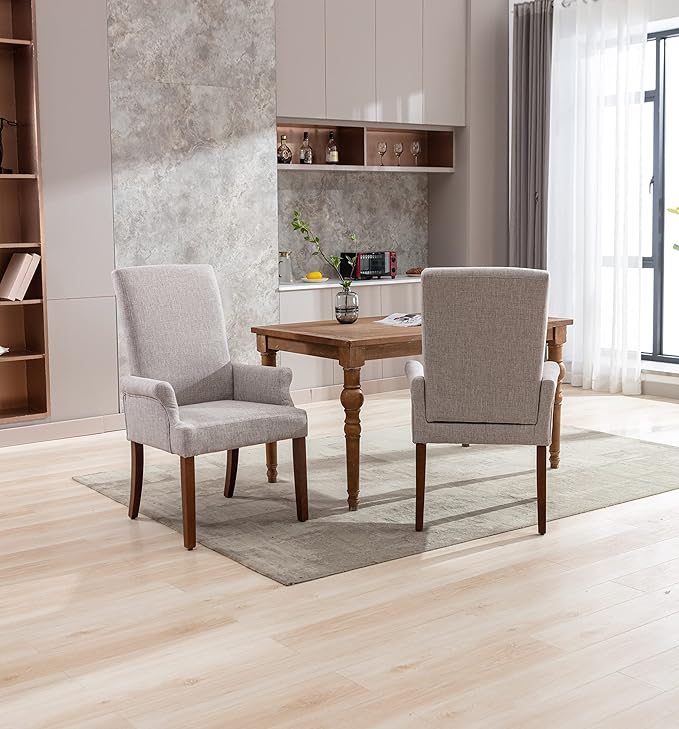 Dining Room Chairs with Arms，Tufted Upholstered High Back Nailed Trim with Untique Oak Wood Legs for Kitchen Restaurant Room Bedroom (Light Gray, SingleA) - LeafyLoom