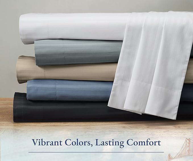 California Design Den Striped Sheets for Full Size Bed, Soft 100% Cotton Sheets, Luxury 400 Thread Count Sateen, 4 Piece Deep Pocket Cooling Sheets Set (White Sheets) - LeafyLoom