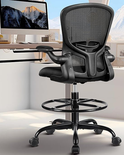FelixKing Drafting Chair, Tall Office Chairs with Footrest Ring, Home Standing Desk High Chair with Lumbar Support Adjustable Counter Height Ergonomic Swviel Rolling Chairs for Working (Black) - LeafyLoom