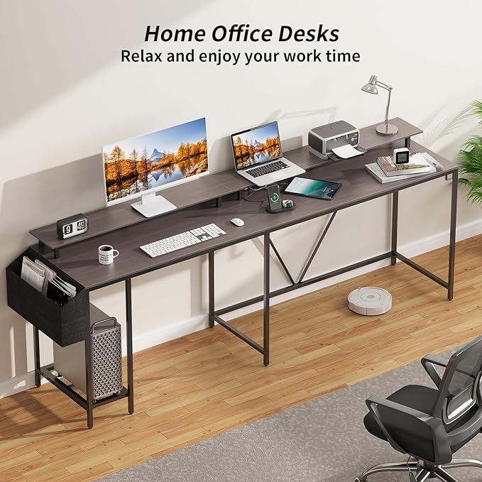 L Shaped Gaming Desk with Power Outlets & LED Lights, Computer Desk with Monitor Stand & Storage Shelf, Home Office Desk Corner Desk with Hooks, Easy to Assemble, Grey Oak - LeafyLoom