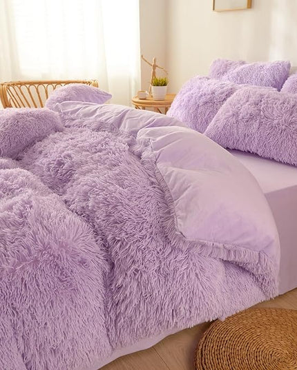FOPPA Lilac fluffy Comforter Cover Set king- Ultra Soft fluffy lilac Bedding Sets 3 Pieces (1 Duvet Cover + 2 Pillow case) pink fluffy bed set (Lilac, King) - LeafyLoom