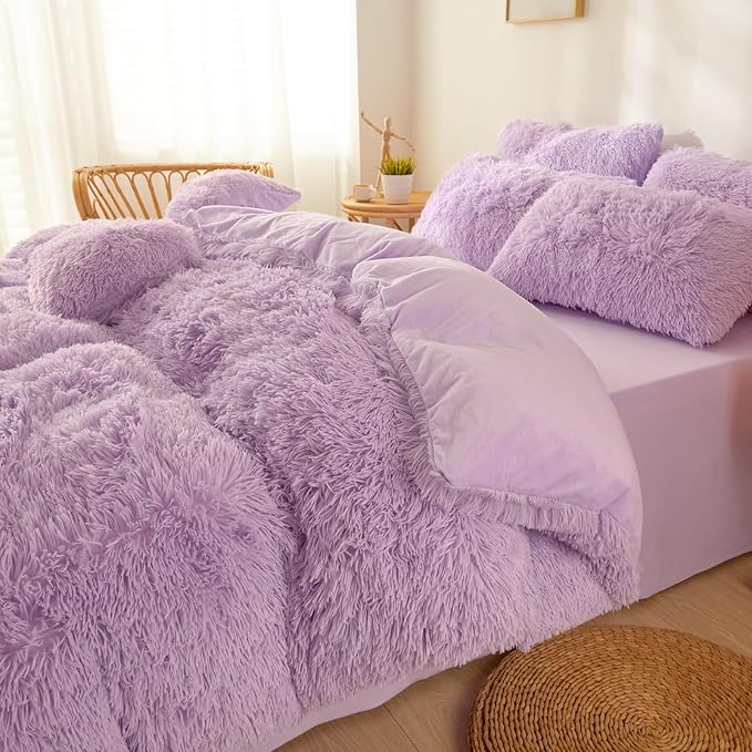 Fluffy Lilac comforters Cover twin size - Ultra Soft Plush Lilac bedding Sets 2 Pieces (1 faux fur comforter Cover + 1 fuzzy pillow case) girls shaggy Lilac twin bed set (Lilac, Twin) - LeafyLoom