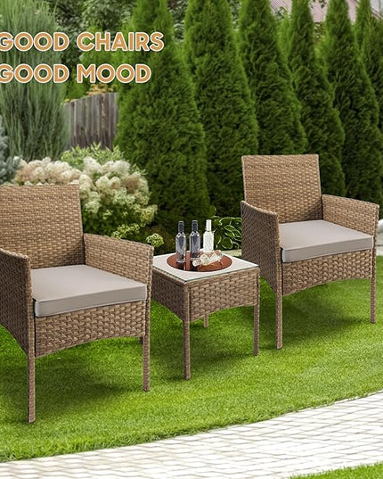 YIYAN 3 Pieces Patio Bistro Set Outdoor Wicker Furniture Outdoor Porch PE Rattan Wicker Chairs Furniture Sets with Sofa Chairs,Glass Coffee Table and Gray Washable Cushion - LeafyLoom