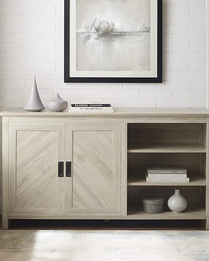 Walker Edison Modern Wood Grooved Buffet Sideboard with Open Storage-Entryway Serving Storage Cabinet Doors-Dining Room Console, 58 Inch, Birch - LeafyLoom