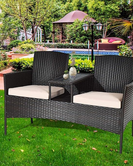 LUARANE Outdoor Rattan Sofas, Contract Patio Conversation Set Wicker Sofa Set with Built-in Coffee Table, Patio Furniture Set with Cushions, Rattan Loveseat for Lawn Backyard Garden (Brown+Beige) - LeafyLoom