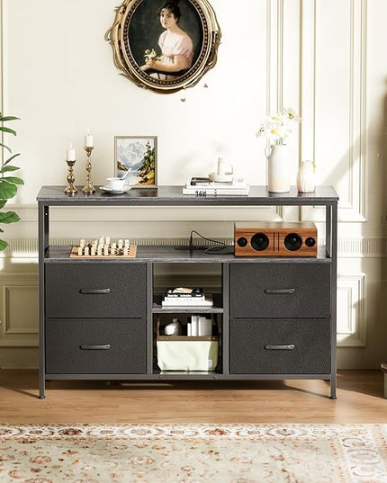 TV Stand Dresser with Power Outlets and LED Lights, 4 Drawers Entertainment Center with Open Shelf, Media Console for 50 43 Inch TV, Dresser with PU Finish, Grey and Black - LeafyLoom