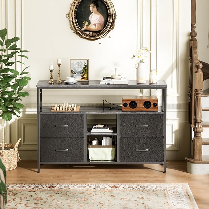 TV Stand Dresser with Power Outlets and LED Lights, 4 Drawers Entertainment Center with Open Shelf, Media Console for 50 43 Inch TV, Dresser with PU Finish, Grey and Black - LeafyLoom