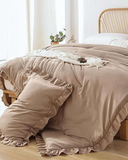 JANZAA Queen Ruffled Comforter Set 3PCS (1 Taupe Comforter Set and 2 Pillowcases) Vintage Farmhouse Shabby Chic Bedding Soft Fluffy Comforter Set All Season - LeafyLoom