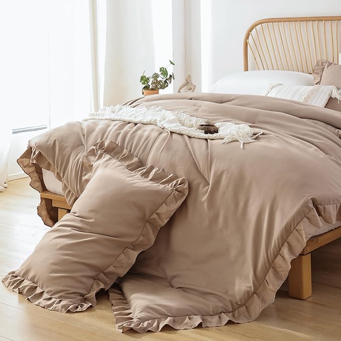 JANZAA Queen Ruffled Comforter Set 3PCS (1 Taupe Comforter Set and 2 Pillowcases) Vintage Farmhouse Shabby Chic Bedding Soft Fluffy Comforter Set All Season - LeafyLoom