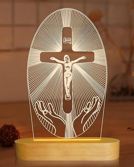 Baptism Gifts for Boys, Wood Bedside Lamp, Yellow, USB Powered, Jesus Cross Decor, LAMP - LeafyLoom
