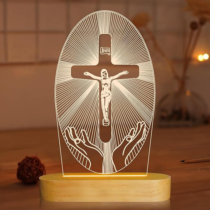 Baptism Gifts for Boys, Wood Bedside Lamp, Yellow, USB Powered, Jesus Cross Decor, LAMP - LeafyLoom