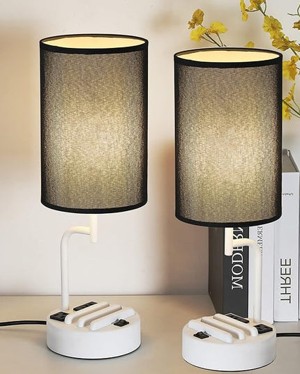 Dreamholder Table Lamp with 3 USB Charging Ports, Modern Desk Lamp with AC Outlet and Phone Stands, Perfect Bedside Lamp for Bedroom, Living Room, Office (Pack of 2), White&Black - LeafyLoom