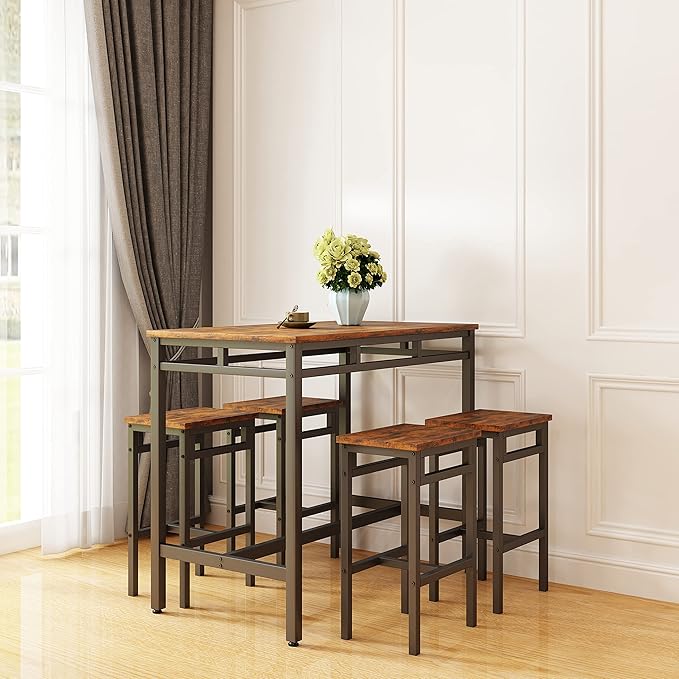 NicBex Dining Table Set for 4 Kitchen Table Set Bar Table Set 5Pc Dinging Table Set with High Stools for Dining Room, Small Space, Apartment, Structural Strengthening, Industrial Style, Rustic Brown - LeafyLoom