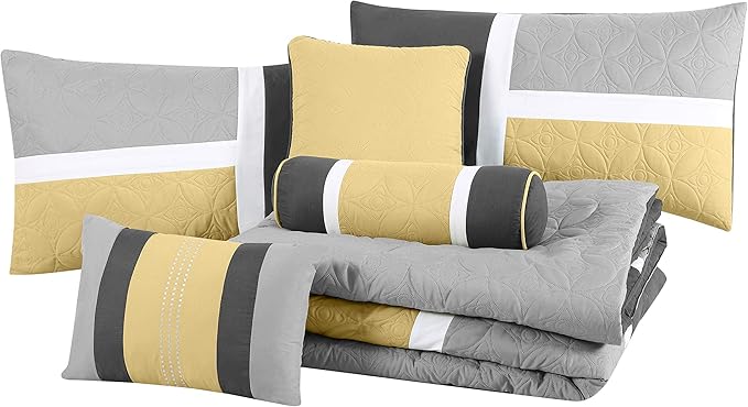 Chezmoi Collection Upland 7-Piece Quilted Patchwork Comforter Set, Yellow/Charcoal/Gray, King - LeafyLoom