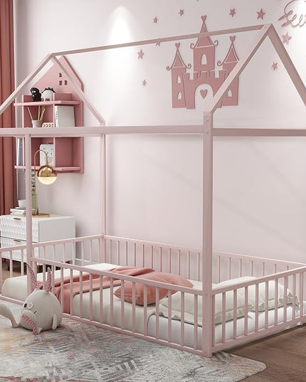 RITSU Twin Size Montessori Floor Bed, Metal House Bedframe with Fence, Robust Construction is Used, for Children'S Rooms, Boys Girls, No Box Spring Needed, Easy Assembly, Pink - LeafyLoom