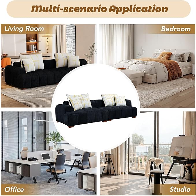 104" 4 Seaters Cloud Modular Corduroy Upholstery Sectional, Modern Living Room Upholstered Furniture Deep Seat Sofa & Couch with 4PCS Pillows and Rubber Wood Legs for Home Office Apartment, Black - LeafyLoom