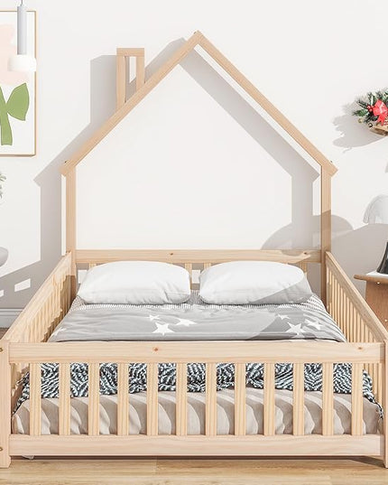 Bellemave Full Size House-Shaped Headboard Floor Bed for Kids, Montessori Floor Bed with Fence and Door,House Bed Twin Frame for Girls,Boys (Natural) - LeafyLoom