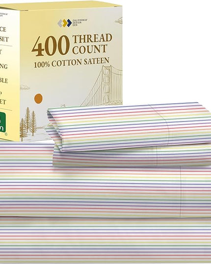 California Design Den Rainbow Stripe Twin-XL Sheets Set, 100% Cotton Sheets, Luxury 400 Thread Count Sateen (Rainbow Striped Sheets) - LeafyLoom