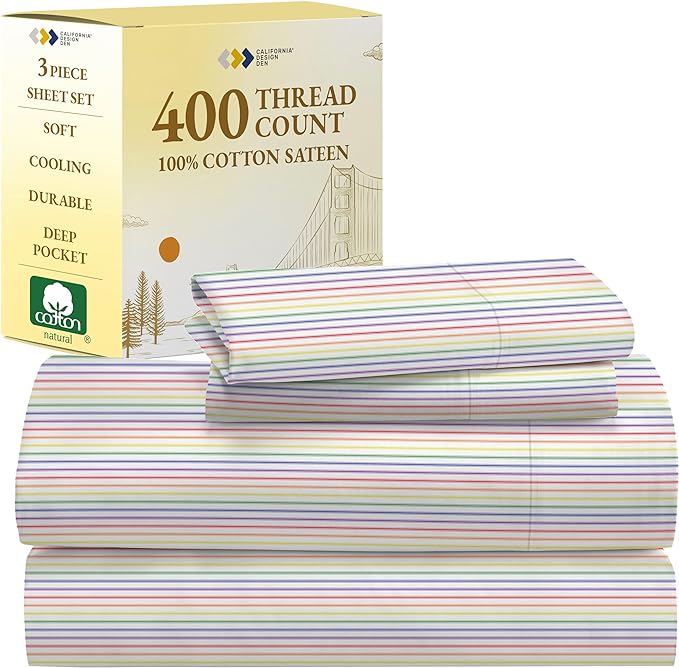 California Design Den Rainbow Stripe Twin Sheets Set, 100% Cotton Sheets, Luxury 400 Thread Count Sateen (Rainbow Striped Sheets) - LeafyLoom