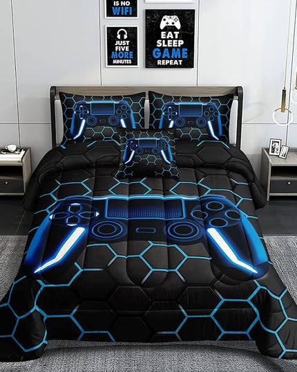6 Pieces Gaming Bedding Set for Boys Gamer Comforter Set Full Size,Game Controller Comforter for Boys Kids Teen 3D Gamepad Microfiber Bedding Sets 6 Pieces Bed in A Bag Sets-H50022,Full - LeafyLoom