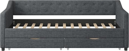 Twin Size Daybed with 2 Drawers, Upholstered Tufted Sofa Bed with Button on Back and Piping on Waved Shape Arms for Bedroom, Apartment, Living Room, Wooden Slats Support, Dark Grey - LeafyLoom