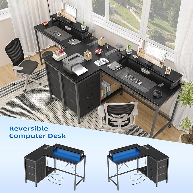 L Shaped Desk with Power Outlets & LED Lights, Computer Desk with Drawers & Shelves, Corner Desk Gaming Desk Home Office Desk, Black - LeafyLoom
