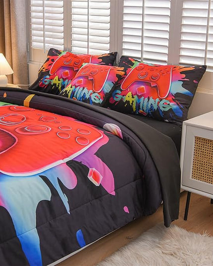 Aimuan Gaming Comforter Sets for Boys Kids Bedding Sets Video Games Console Action Buttons Novelty Colorful Game Gamepad Controller Modern Gamer Room Decor Home Quilt Set (Queen 6 Pcs,Black) - LeafyLoom