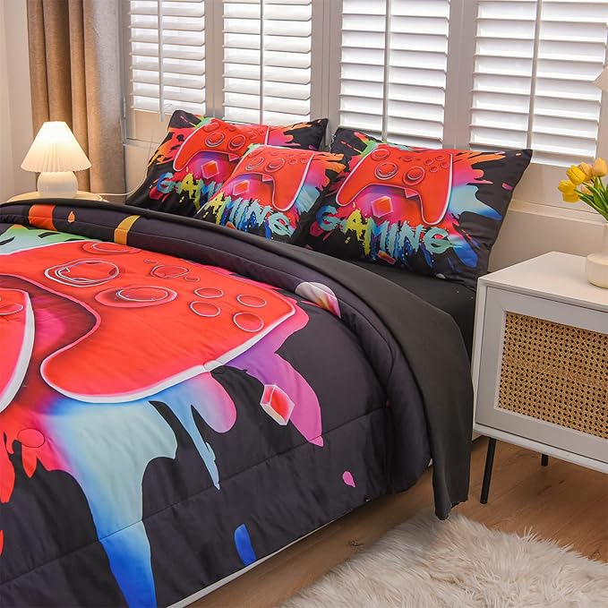 Aimuan Gamer Gaming Bedding Sets 3D Gamepad Comforter Sets for Boys Games Console Action Buttons Novelty Colorful Game Controller Modern Room Decor Home Quilt Set (Black, Full 6PCS) - LeafyLoom