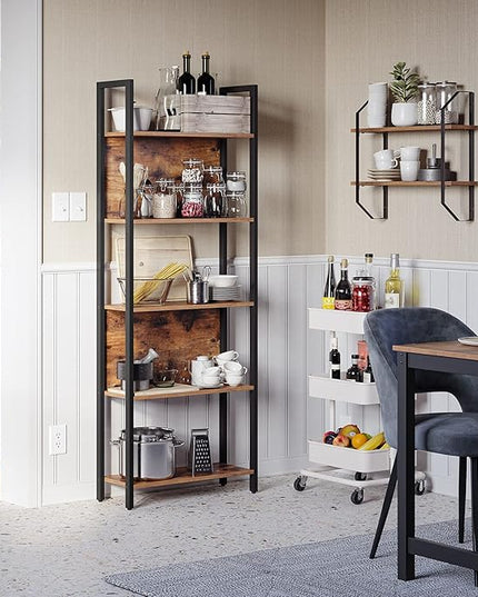 VASAGLE 5-Tier Bookshelf, Book Shelf, Industrial Bookcase, with Steel Frame, for Living Room, Home Office, Bedroom, 9.4 x 24.4 x 65 Inches, Rustic Brown and Black ULLS025B01 - LeafyLoom