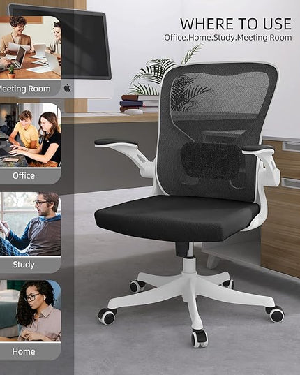 Office Chair - Ergonomic Office Chair with Lumbar Support & Flip Up Arms Home Office Desk Chairs Rockable High Back Swivel Computer Chair White Frame & Black Mesh Study Chair - LeafyLoom