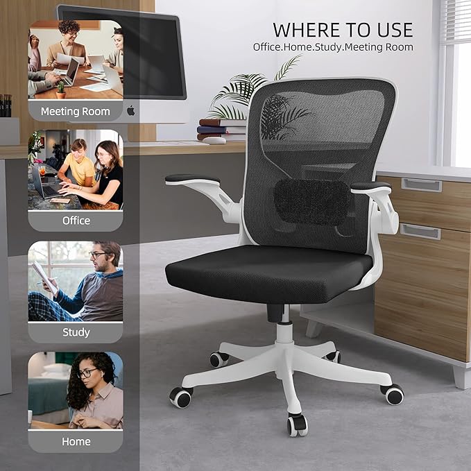 Office Chair - Ergonomic Office Chair with Lumbar Support & Flip Up Arms Home Office Desk Chairs Rockable High Back Swivel Computer Chair White Frame & Black Mesh Study Chair - LeafyLoom
