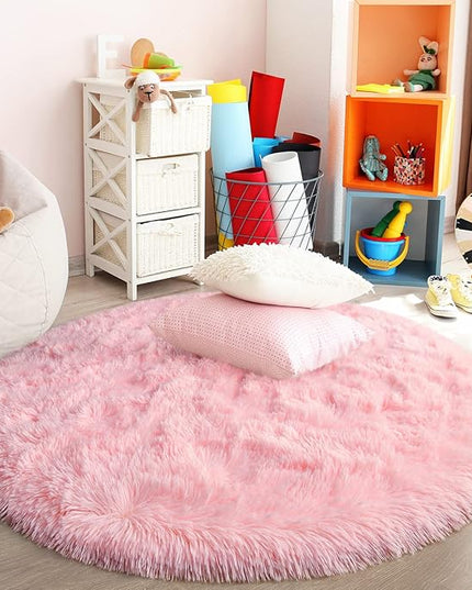Pink Round Rug for Bedroom, Super Fluffy Circle Rugs for Baby Nursery, 4'X4' Feet Furry Carpet for Children Kids Room, Cute Soft Shaggy Rug for Girls Home Decor, Fuzzy Plush Carpets for Dorm - LeafyLoom