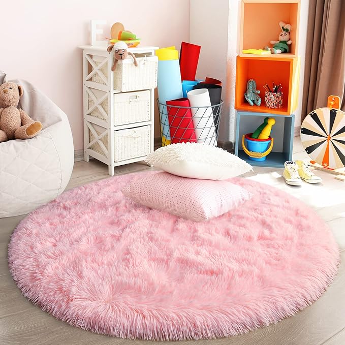 Pink Round Rug for Bedroom, Super Fluffy Circle Rugs for Baby Nursery, 4'X4' Feet Furry Carpet for Children Kids Room, Cute Soft Shaggy Rug for Girls Home Decor, Fuzzy Plush Carpets for Dorm - LeafyLoom