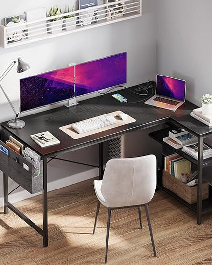 ODK 48 Inch Small L Shaped Gaming Computer Desk with Power Outlets, Reversible Storage Shelves & PC Stand for Home Office, Simple Writing Study Table with Storage Bag for Small Space, Black - LeafyLoom