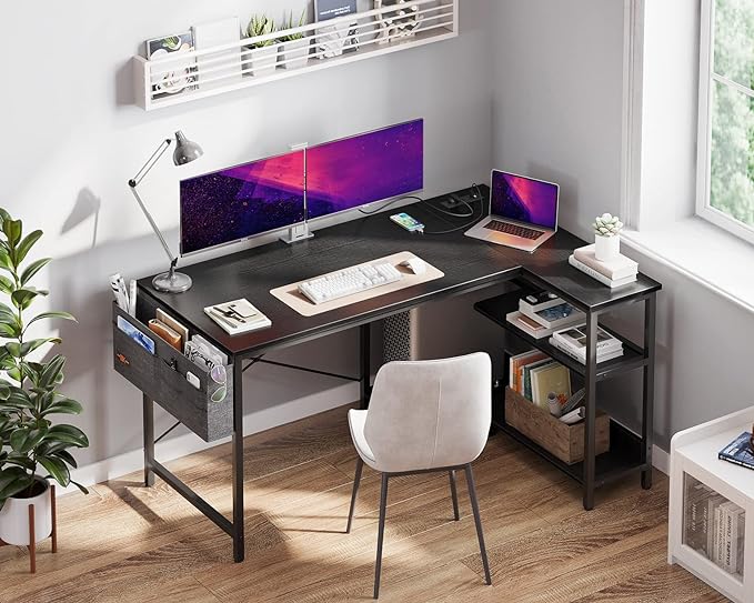 ODK 48 Inch Small L Shaped Gaming Computer Desk with Power Outlets, Reversible Storage Shelves & PC Stand for Home Office, Simple Writing Study Table with Storage Bag for Small Space, Black - LeafyLoom