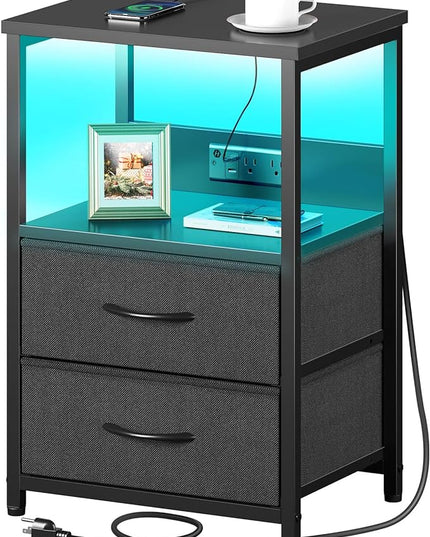 Seventable Nightstand with Charging Station, Bedside table with LED Lights, Night stand with 2 Fabric Drawers, 3-Tier Storage End Table for Bedroom, Black - LeafyLoom
