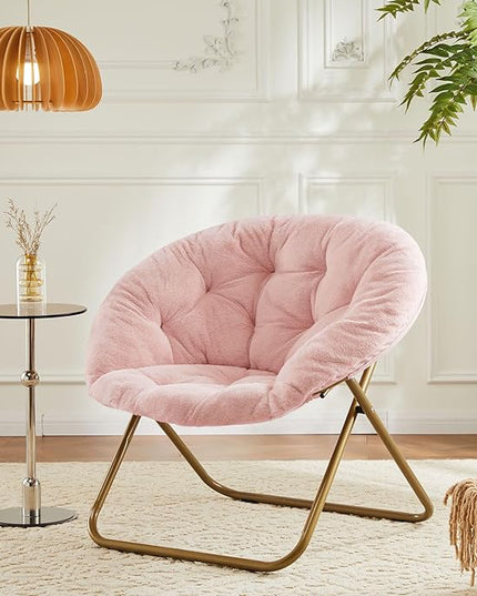 Sweetcrispy Cozy Saucer Chairs Faux Fur Living Room Reading Lounge Furniture Folding Comfy with Soft Thick Padded Seat Metal Frame Modern Style for Bedroom Home Adults, X-Large, Pink - LeafyLoom