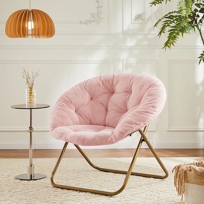 Sweetcrispy Cozy Saucer Chairs Faux Fur Living Room Reading Lounge Furniture Folding Comfy with Soft Thick Padded Seat Metal Frame Modern Style for Bedroom Home Adults, X-Large, Pink - LeafyLoom