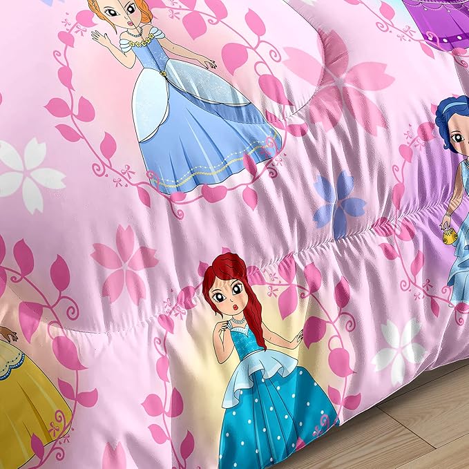Princess Bedding Full Size Comforter Sets for Girls Bedroom Decor Pink Princess Full Quilt Set with 2 Pillowcases Cute Princess Comforter Set Girls Gifts - LeafyLoom