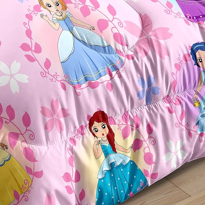 Princess Comforter Sets Twin for Girls, Cute Princess Bedding Comforter Sets, Pink Twin Size Comforter Set for Girls Kids Twin Bedding Set with 1 Pillowcase - LeafyLoom