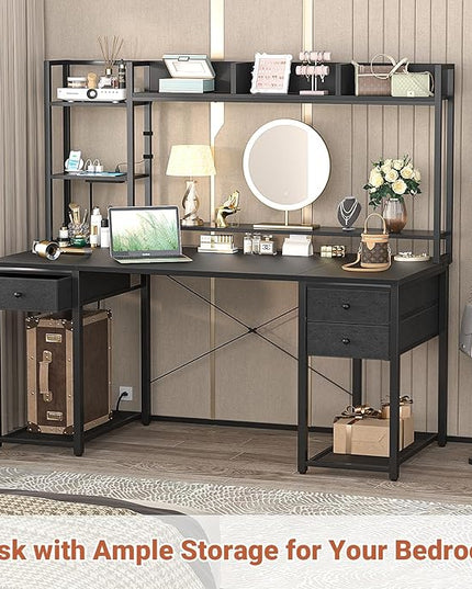 Aheaplus Desk with LED and Outlets, Gaming Desk with Hutch, 47.2'' Computer Desk with Drawers, Reversible Office Desk with Storage Bookshelf Large Workstation Desk with Shelf, Desk for Home, Black - LeafyLoom