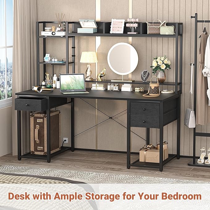 Aheaplus Desk with LED and Outlets, Gaming Desk with Hutch, 55.2'' Computer Desk with Drawers, Reversible office desk with storage bookshelf Large Workstation Desk with Shelf, Desk for Home, Black - LeafyLoom